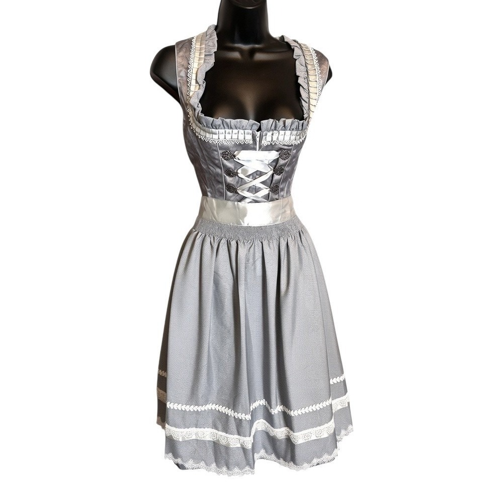 New Medium Grey Oktoberfest Dirndl Dress Apron Set German Bavarian Costume